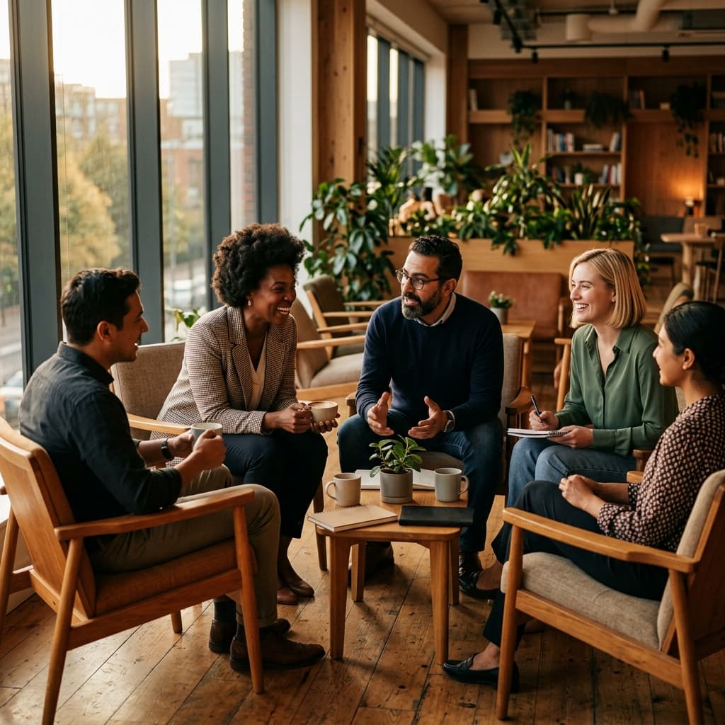 A diverse group of professionals engaged in authentic conversation